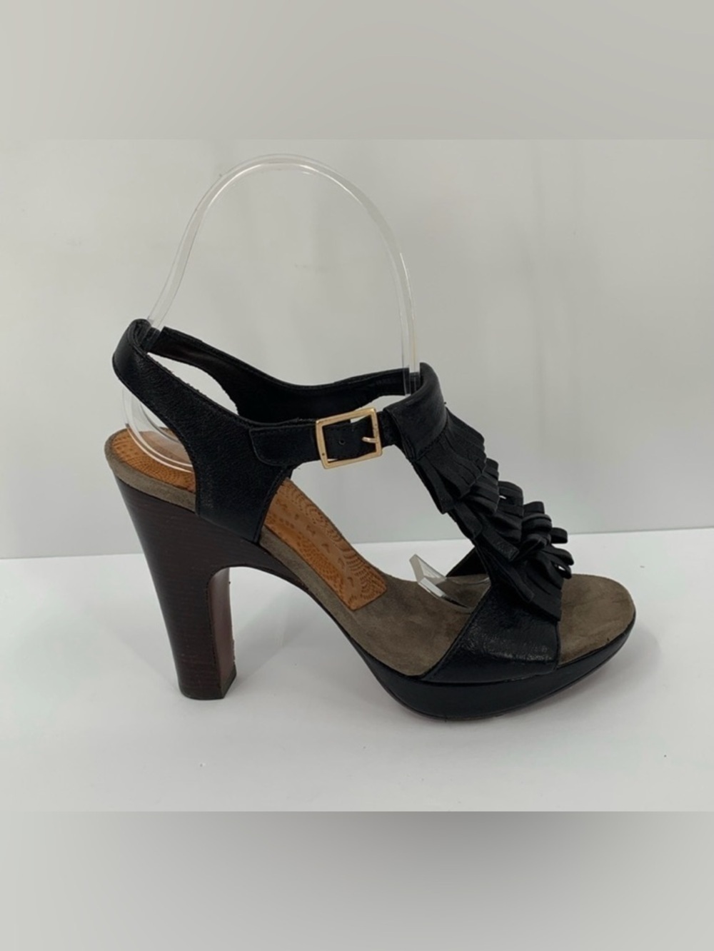 Chie Mihara fringe t-strap black leather sandal shoe platform heel 36.5 6 6.5